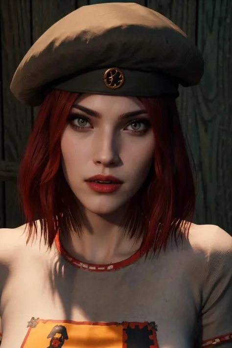 <lora:damsel-10:0.6>, damselVTMB_soul3142, red hair, short hair, lipstick, grey eyes, beret, pale skin, cowboy shot, <lora:add_detail:0.5>