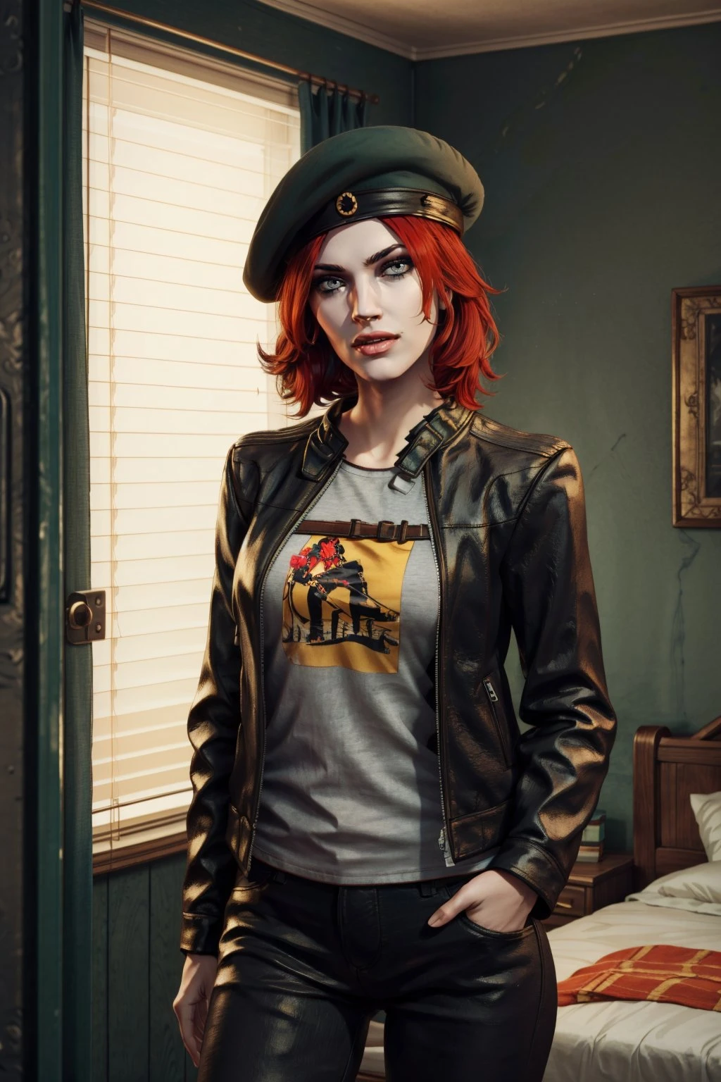 <lora:damsel-10:0.7>, damselVTMB_soul3142, 1girl, pale skin, grey eyes, red hair, beret, lipstick, shirt, leather jacket, open clothes, open jacket, indoors, <lora:add_detail:0.5>
