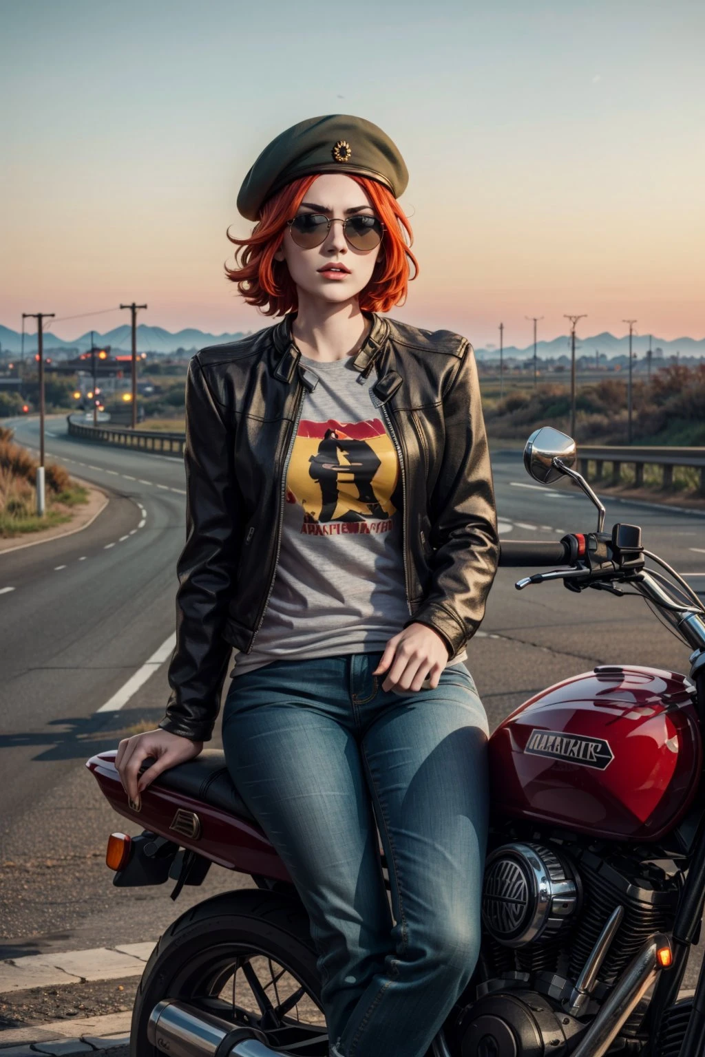 <lora:damsel-10:0.6>, damselVTMB_soul3142, outdoors, sitting, on motorcycle, jacket, jeans, sunglasses, red hair, short hair, beret, pale skin, <lora:add_detail:0.5>