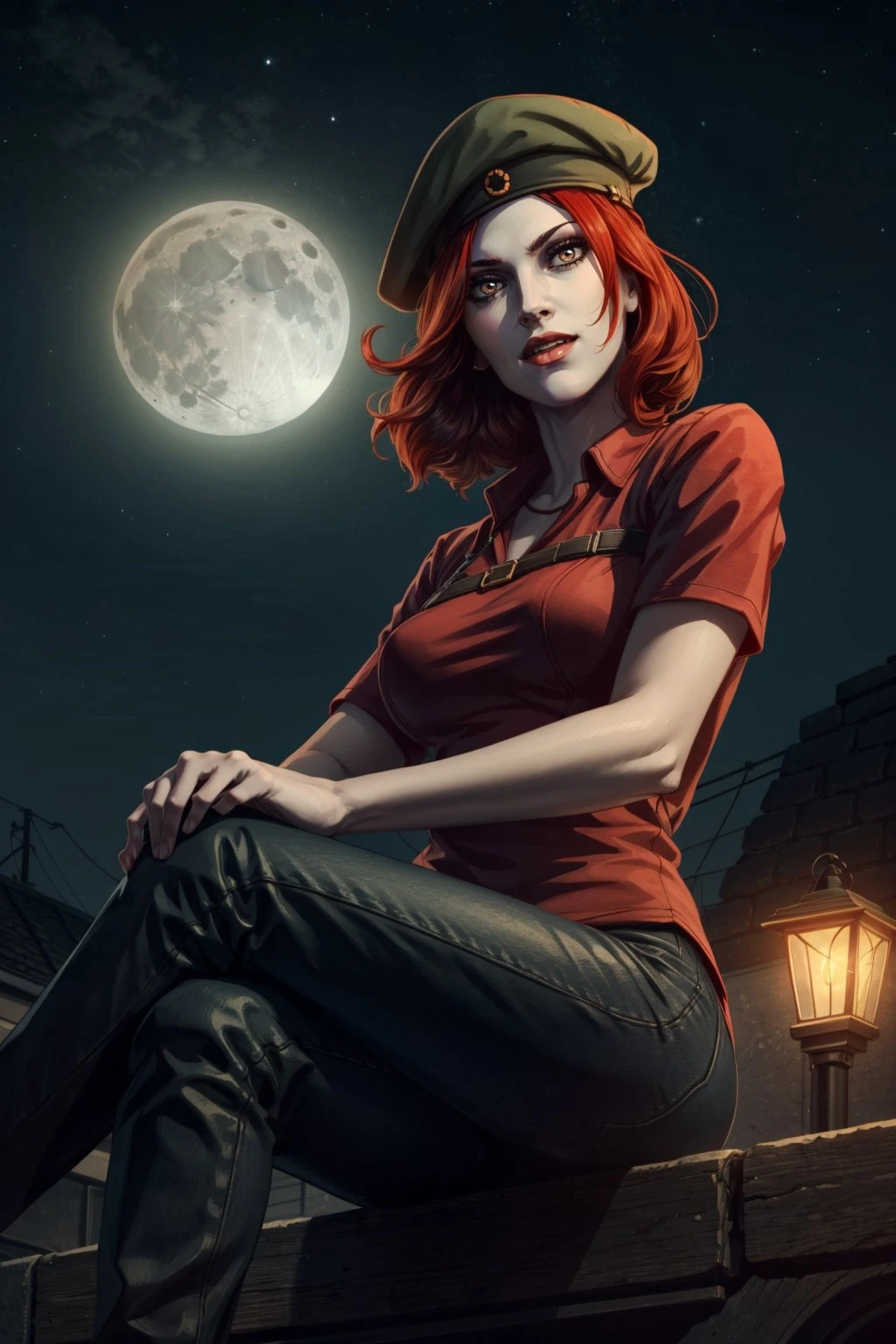 <lora:damsel-10:0.6>, damselVTMB_soul3142, red hair, short hair, beret, pale skin, vampire, blood, on face, sitting, outdoors, night sky, moon, <lora:add_detail:0.5>