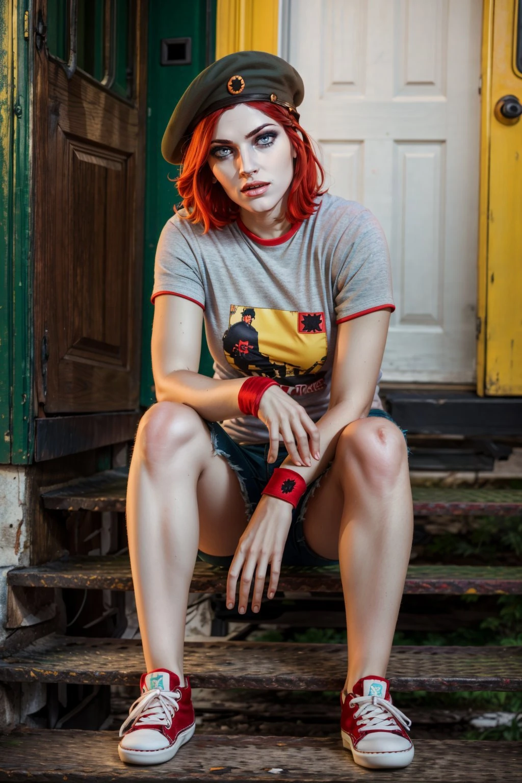 <lora:damsel-10:0.7>, damselVTMB_soul3142, 1girl, sneakers, wristband, t-shirt, realistic, denim, beret, red hair, short hair, grey eyes, pale skin, makeup, <lora:add_detail:0.5>