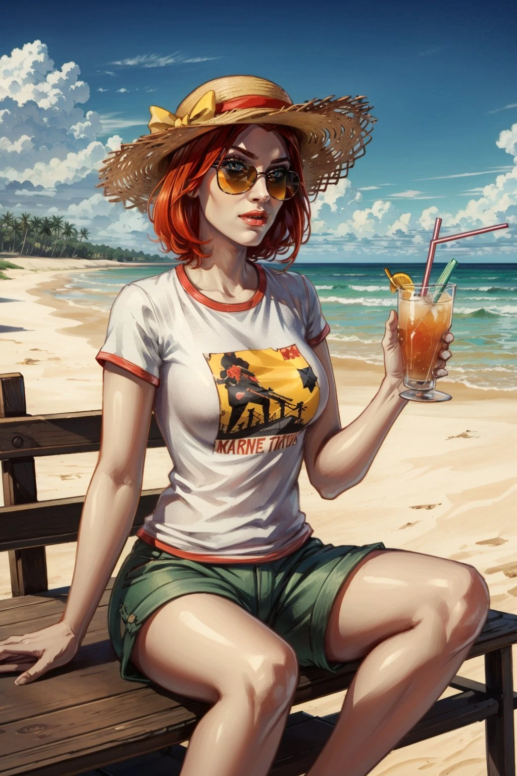 <lora:damsel-10:0.7>, damselVTMB_soul3142, red hair, short hair, pale skin, sunglasses, straw hat, tshirt, shorts, sitting, holding cocktail, beach, seascape,
<lora:add_detail:0.5>