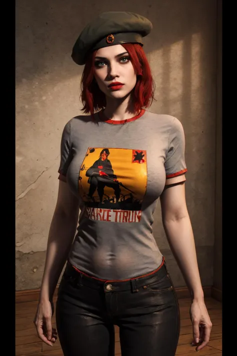 <lora:damsel-10:0.6>, damselVTMB_soul3142, red hair, short hair, lipstick, grey eyes, beret, pale skin, cowboy shot, <lora:add_detail:0.5>