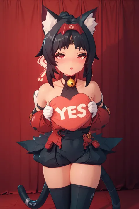 yes, yes-pillow, heart, pink pillow <lora:yes-no_pillow:1.5>, <lora:nekomiya.pony:1> nekomiya,black hair, cat ears,red eyes, small breasts, Score_9, Score_8_up, Score_7_up, Score_6_up, Score_5_up, Score_4_up, BREAK,1girl in full growth, best quality, masterpiece, ultra-detailed, high quality,good quality,1 girl,(master piece,high resolution, ultra detailed,8K,16K),look at viewer