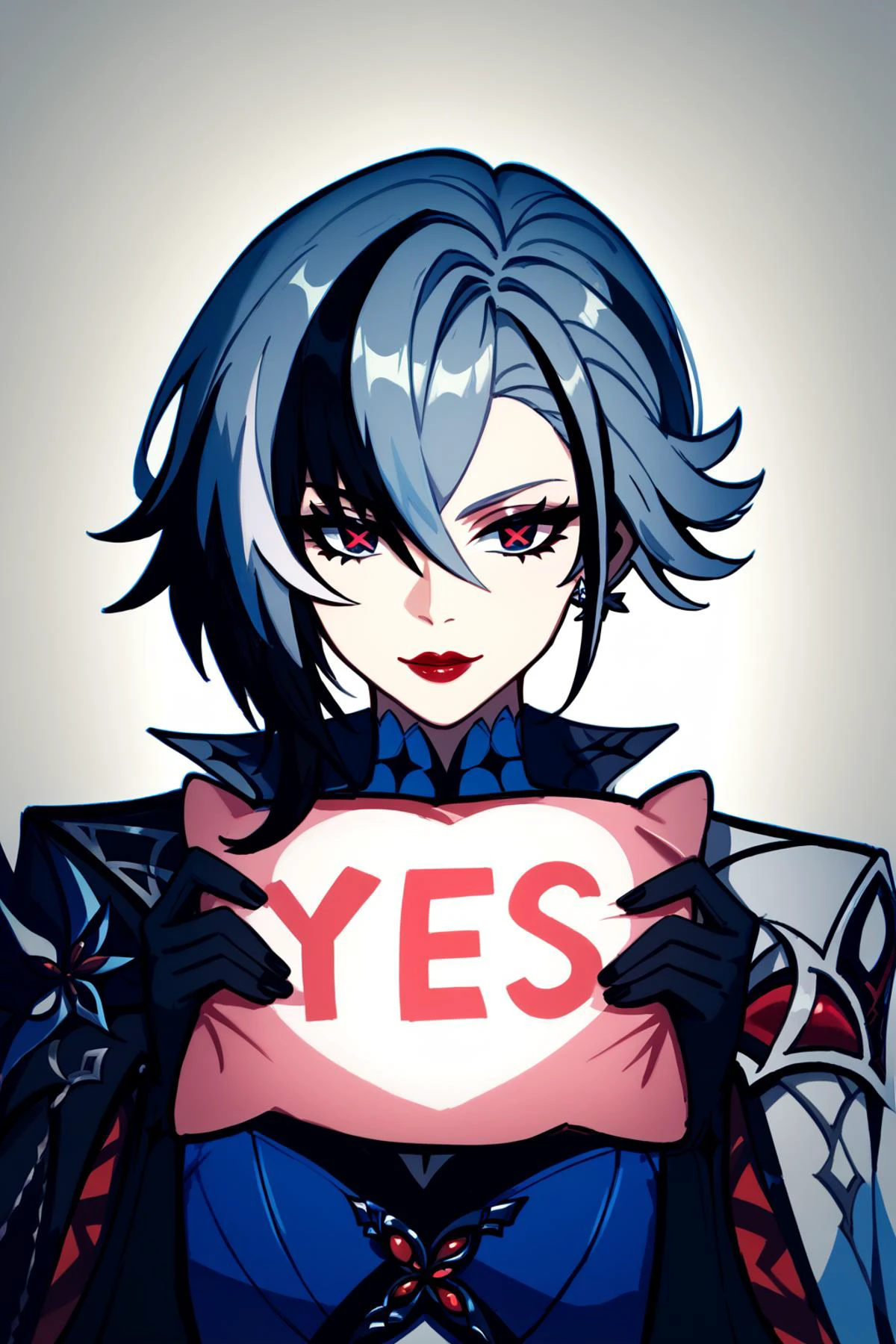 yes, yes-pillow, heart, pink pillow <lora:yes-no_pillow:1.2>, <lora:arlecchino xl pd:1> arlecchino gi,x-shaped pupils,multicolored hair,black hair,hair between eyes,short hair white hair,streaked hair,earrings,jewelrybangs,red lips,grey hair, Score_9, Score_8_up, Score_7_up, Score_6_up, Score_5_up, Score_4_up, BREAK,1girl in full growth, best quality, masterpiece, ultra-detailed, high quality,good quality,1 girl,(master piece,high resolution, ultra detailed,8K,16K),look at viewer