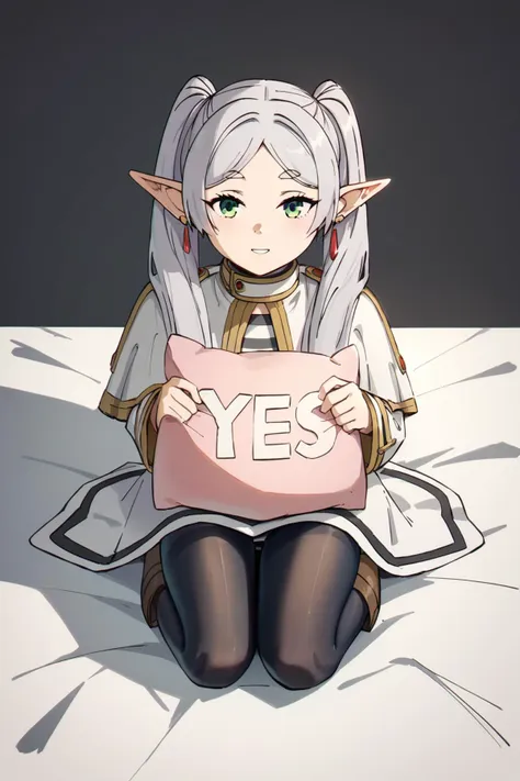 yes, yes-pillow, heart, pink pillow <lora:yes-no_pillow:1.5>, <lora:SousouNoFrieren_FrierenXL:0.9> FrierenSSnF,grey hair, long hair, green eyes, twintails, parted bangs, earrings, pointy ears, small breasts,FrierenCasual, striped shirt, white capelet, black belt, white skirt, long sleeves, black pantyhose,brown boots, Score_9, Score_8_up, Score_7_up, Score_6_up, Score_5_up, Score_4_up, BREAK,1girl in full growth, best quality, masterpiece, ultra-detailed, high quality,good quality,1 girl,(master piece,high resolution, ultra detailed,8K,16K),look at viewer