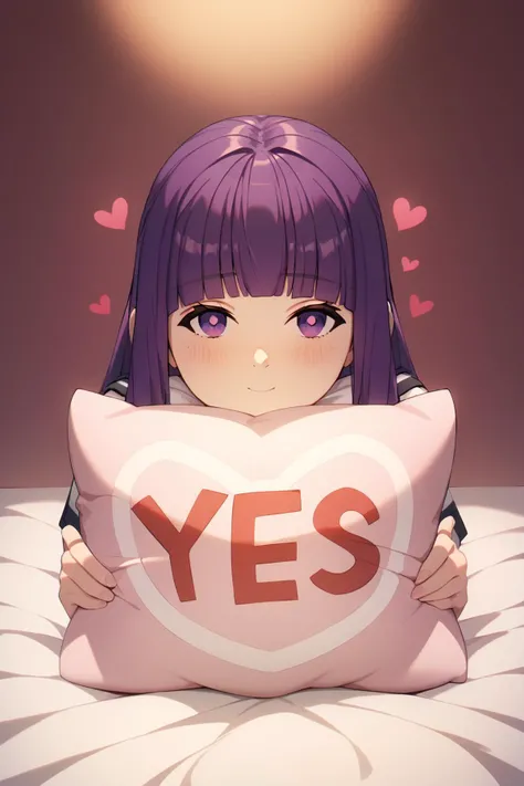 yes, yes-pillow, heart, pink pillow <lora:yes-no_pillow:1.5>, <lora:SousouNoFrieren_FernXL:0.8> FernSSnF,purple hair, long hair, purple eyes, bright pupils, blunt bangs,large breasts, Score_9, Score_8_up, Score_7_up, Score_6_up, Score_5_up, Score_4_up, BREAK,1girl in full growth, best quality, masterpiece, ultra-detailed, high quality,good quality,1 girl,(master piece,high resolution, ultra detailed,8K,16K),look at viewer