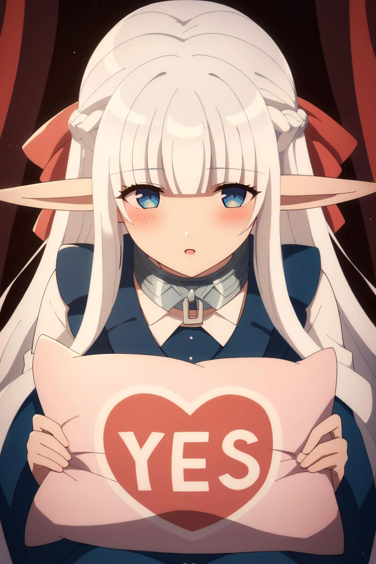 yes, yes-pillow, heart, pink pillow <lora:yes-no_pillow:1.2>, <lora:nephilia:1>,nephiliaxl, pointy ears, blue eyes, very long hair,white hair, elf, blunt bangs, braid, hair ribbon,medium breasts, Score_9, Score_8_up, Score_7_up, Score_6_up, Score_5_up, Score_4_up, BREAK,1girl in full growth, best quality, masterpiece, ultra-detailed, high quality,good quality,1 girl,(master piece,high resolution, ultra detailed,8K,16K),look at viewer