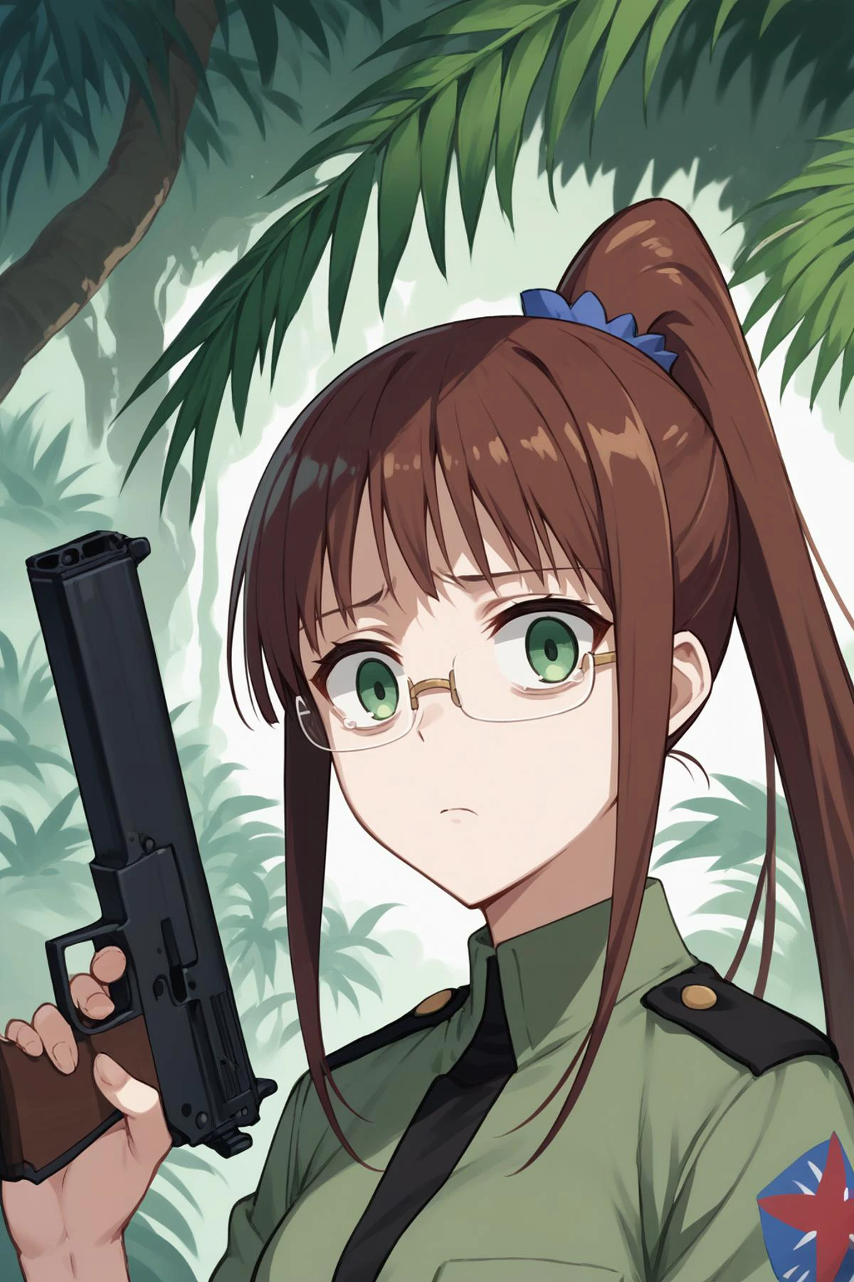 score_9, score_8_up, <lora:ChamRuriMiyamotoPonyXL:1> RuriMiyamoto, brown hair, bangs, very long hair, ponytail, green eyes, glasses, military uniform, jungle, scared, holding a gun, expressionless face