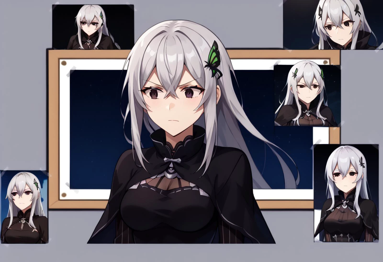 score_9, score_8_up, score_7_up, score_6_up,source_anime, BREAK, photo (object), english text, multiple views, poster,difh,cropped,tape, ekhidona, MainFit, 1girl, hair between eyes, white hair, grey hair, two-tone hair, gradient hair, black eyes, black striped dress, black capelet, medium breasts, taut dress, mature female, expressions, butterfly hair ornament, silver embroidery, <lora:Echidna_rezero:1>, <lora:DIFH:1>