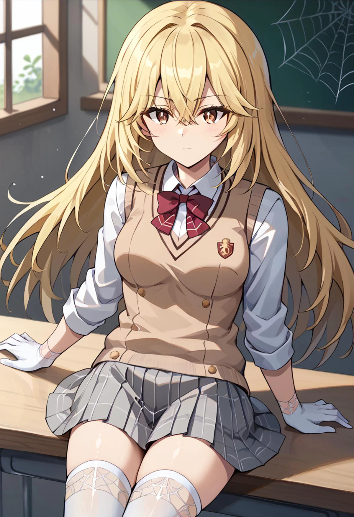 score_9, score_8_up, score_7_up, score_6_up,source_anime, BREAK, shokuhou misaki, blonde hair, brown eyes, long hair, hair between eyes, sparkling eyes, 1girl, tokiwadai school uniform, white thighhighs, white gloves, plaid skirt, brown sweater vest, collared shirt, red bowtie, white shirt, school emblem, spider web print, long sleeves, grey skirt, v-neck, <lora:ShokuhouMisaki-XL-V1:1>
