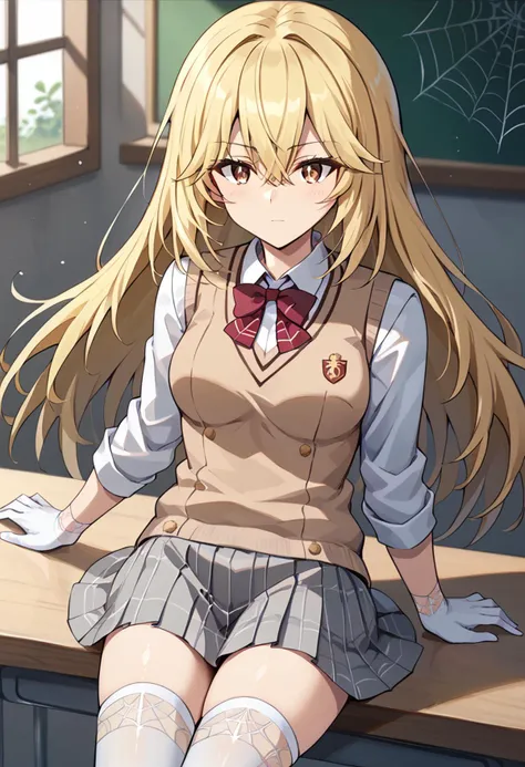 score_9, score_8_up, score_7_up, score_6_up,source_anime, BREAK,  shokuhou misaki, blonde hair, brown eyes, long hair, hair between eyes, sparkling eyes, 1girl, tokiwadai school uniform, white thighhighs, white gloves, plaid skirt, brown sweater vest, collared shirt, red bowtie, white shirt, school emblem, spider web print, long sleeves, grey skirt, v-neck, <lora:ShokuhouMisaki-XL-V1:1>