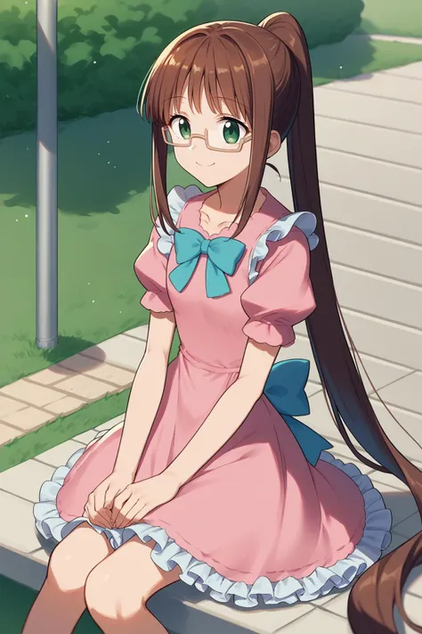 score_9, score_8_up, 1girl, solo, <lora:ChamRuriMiyamotoPonyXL:1> RuriMiyamoto, brown hair, bangs, very long hair, ponytail, green eyes, glasses, pink dress, frilled dress, puffy sleeves, short sleeves, bowtie, happy, sitting, park, sunny day