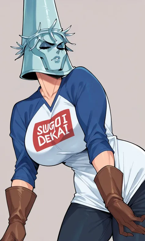 <lora:sppenitentOneXLPony:0.8>, score_9, score_8_up, score_7_up, score_6_up, source_anime, 1girl, penitent one, (huge breasts:1.2), helmet, brown gloves, sugoi dekai, clothes writing, white shirt, cosplay, blue shirt, raglan sleeves, <lora:Sugoi Dekai-XL-V1:1>