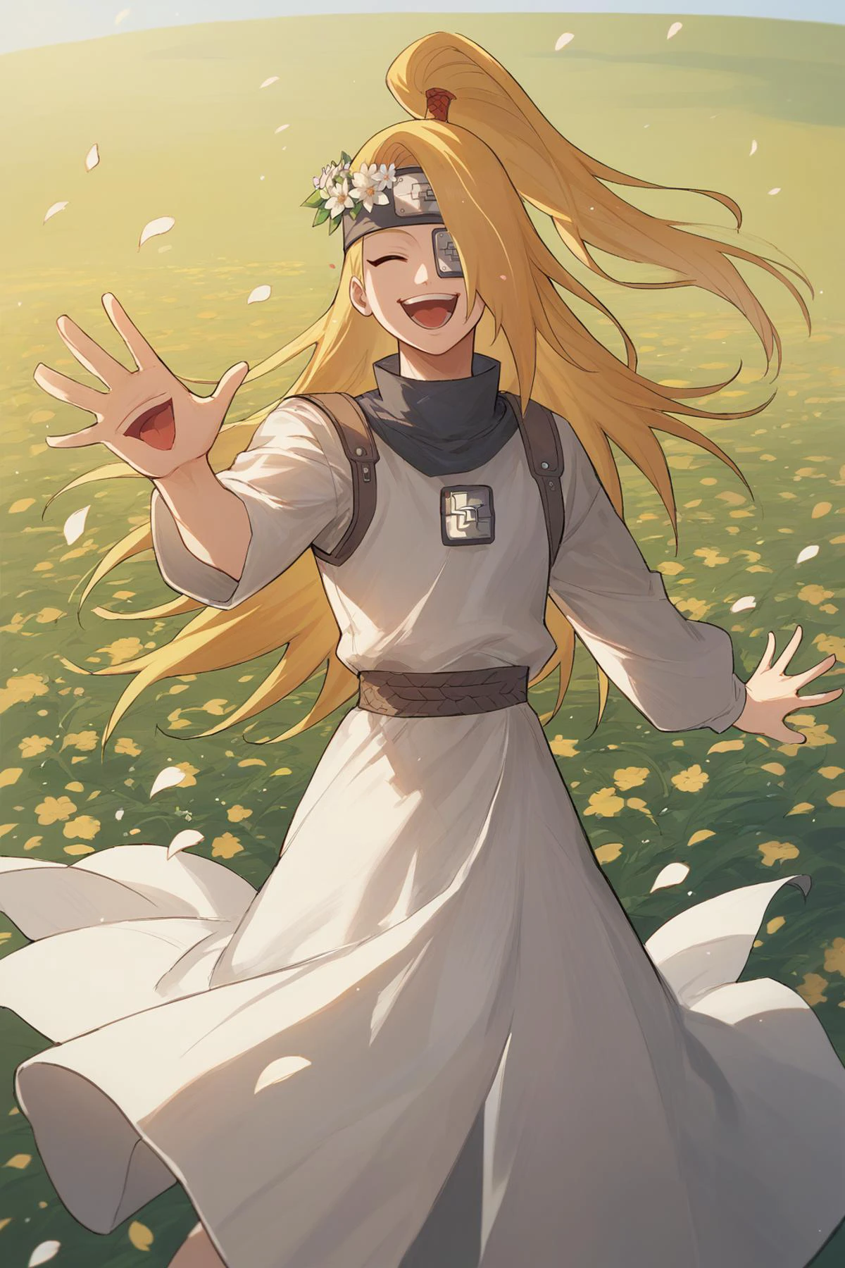 score_9, score_8_up, 1girl, solo, <lora:ChamDeidaraPonyXL:1> Deidara, hair over one eye, long hair, ponytail, black headband, forehead protector, floral wreath, happy, laughing, sunny day, flower field, petals, white dress