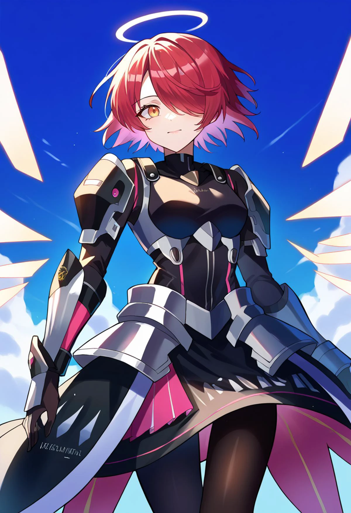 smile, blue sky, <lora:arknights_exusiai_ponyXL:1> exusiaidef, hair over one eye, halo, orange eyes, red hair, black pantyhose, detached wings, energy wings,, score_9, score_8_up, score_7_up, source_anime,, valkyrie, (bodysuit:1.1), pink wing hair ornament, grey armored skirt, black bodysuit, armor, gauntlets, pink breastplate, greaves, armored dress, pink hues,