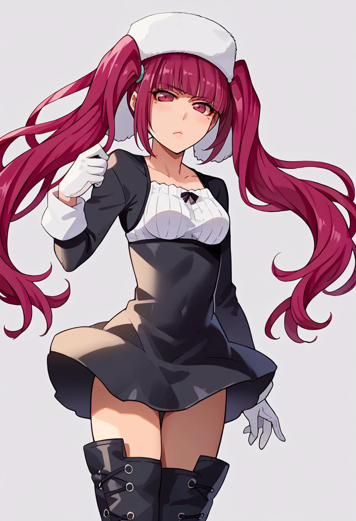 score_9, score_7_up, source_anime, BREAK solo, <lora:RirukaDokugamine:1> RirukaDokugamine, 1girl, magenta eyes, magenta hair, twintails, long hair, fur hat, dress, white gloves, zettai ryouiki, thighhighs, black footwear, thigh boots, hand up, arched back, hair flip, <lora:muk_pony_v2:1>