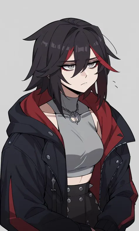 drawn in the artstyle of <lora:NaoStyle:1>, score_9, score_8_up, score_7_up, score_6_up, goth, black hair, red streak, grey eyes, black jacket, upper body, cropped torso, hood up, bored, tired,