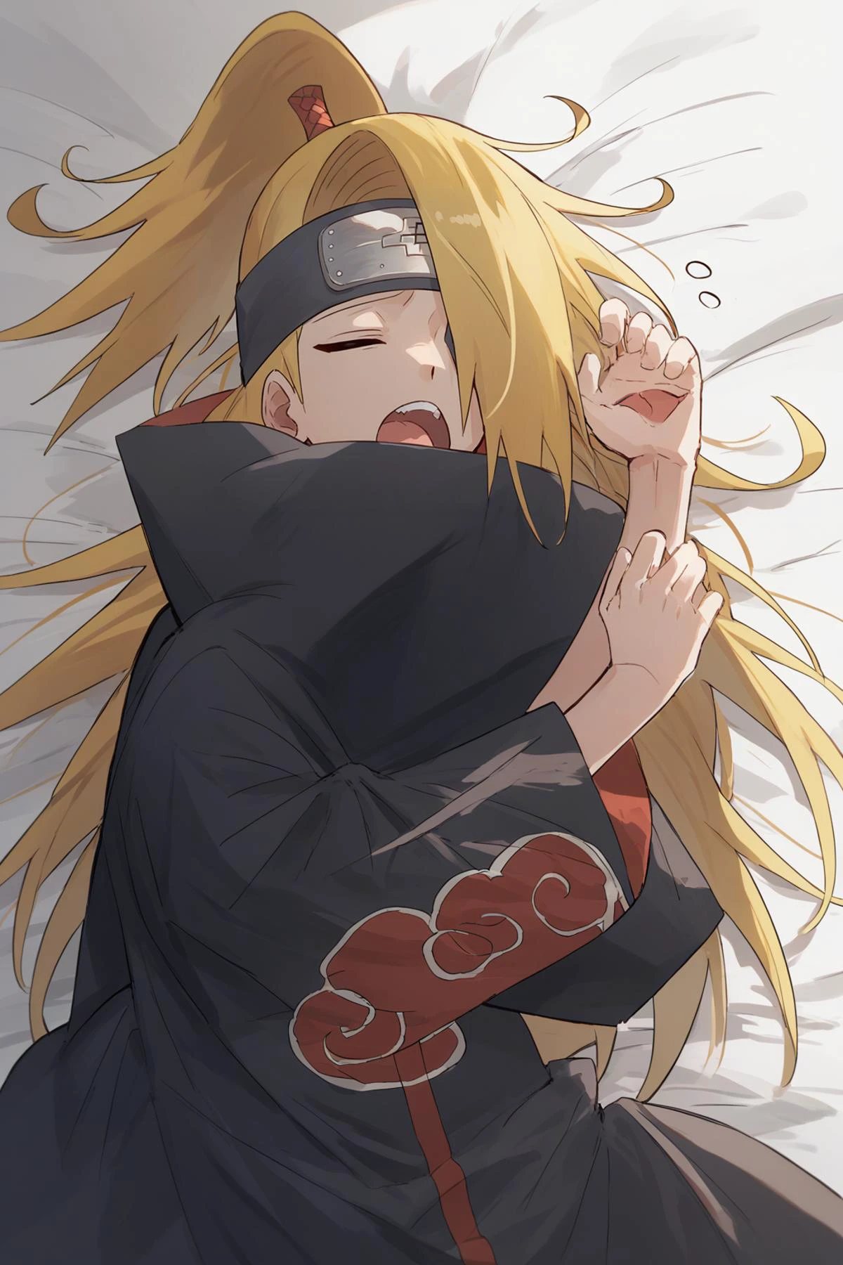 score_9, score_8_up, 1girl, solo, <lora:ChamDeidaraPonyXL:1> Deidara, hair over one eye, long hair, ponytail, black headband, forehead protector, akatsuki uniform, black cloak, cloud print, messy hair, ahoge, sleepy, bed, yawning