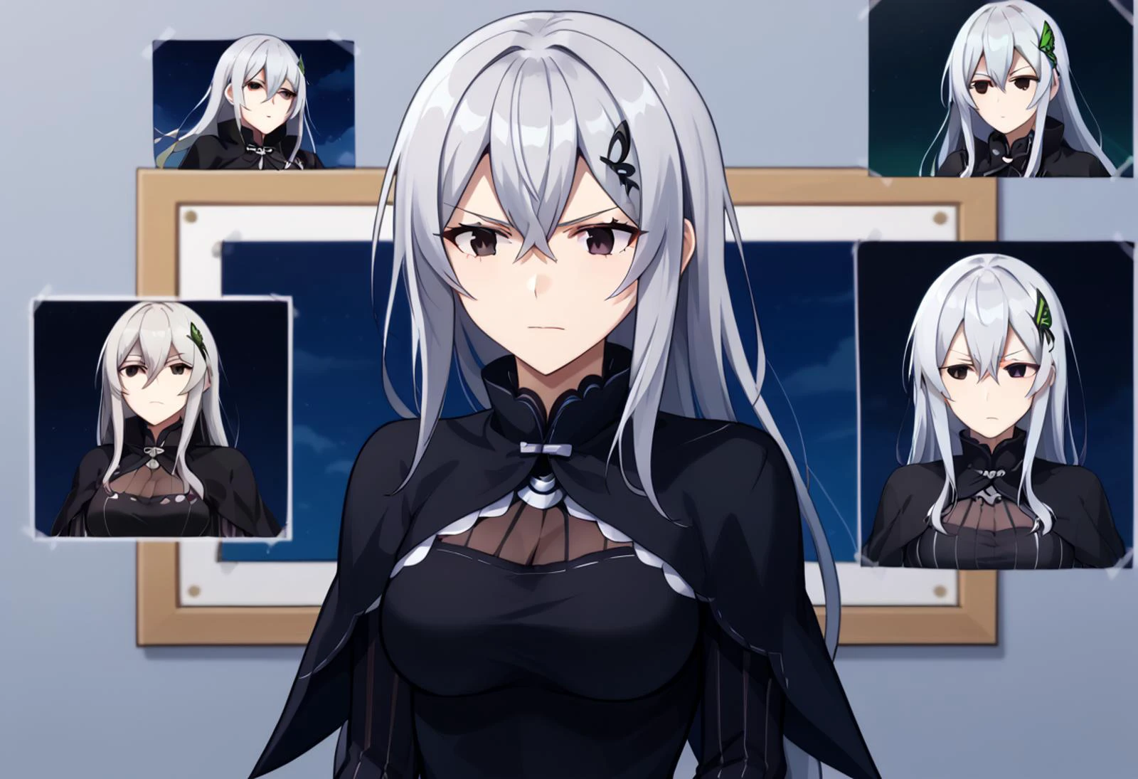 score_9, score_8_up, score_7_up, score_6_up,source_anime, BREAK, photo (object), english text, multiple views, poster,difh,cropped,tape, ekhidona, MainFit, 1girl, hair between eyes, white hair, grey hair, two-tone hair, gradient hair, black eyes, black striped dress, black capelet, medium breasts, taut dress, mature female, expressions, butterfly hair ornament, silver embroidery, <lora:Echidna_rezero:1>, <lora:DIFH:1>
