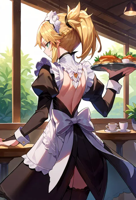 <lora:Mo-san:1> 1girl, blonde hair, medium hair, green eyes, braid, ponytail,  <lora:fatesmaid-fe-richy-v1_pdxl:0.8> fates maid, maid headdress, maid apron, bridal gauntlets, black thighhighs, cafe, from behind, holding tray,, score_9, score_8_up, score_7_up, source_anime,