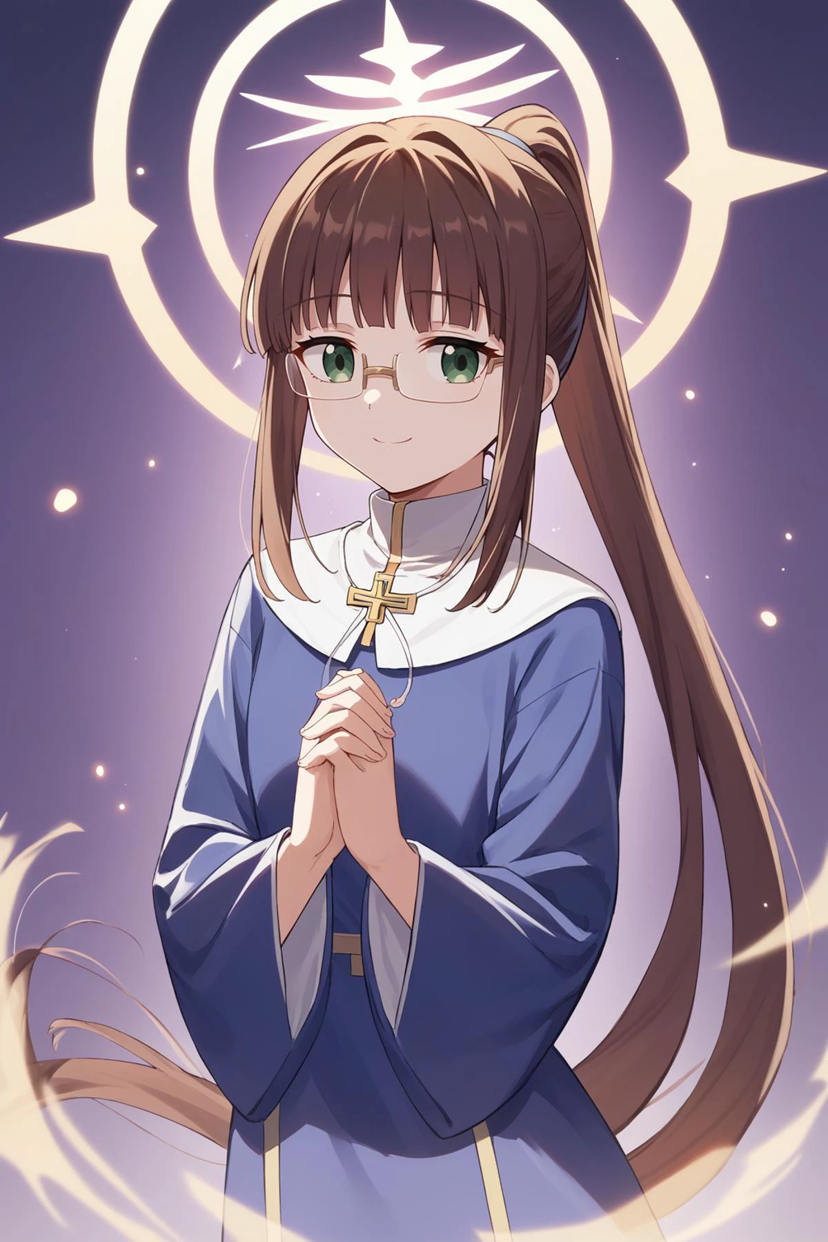 score_9, score_8_up, <lora:ChamRuriMiyamotoPonyXL:1> RuriMiyamoto, brown hair, bangs, very long hair, ponytail, green eyes, glasses, priestess, purple robe, hands together, holy aura, surrounded by light, halo, soft smile