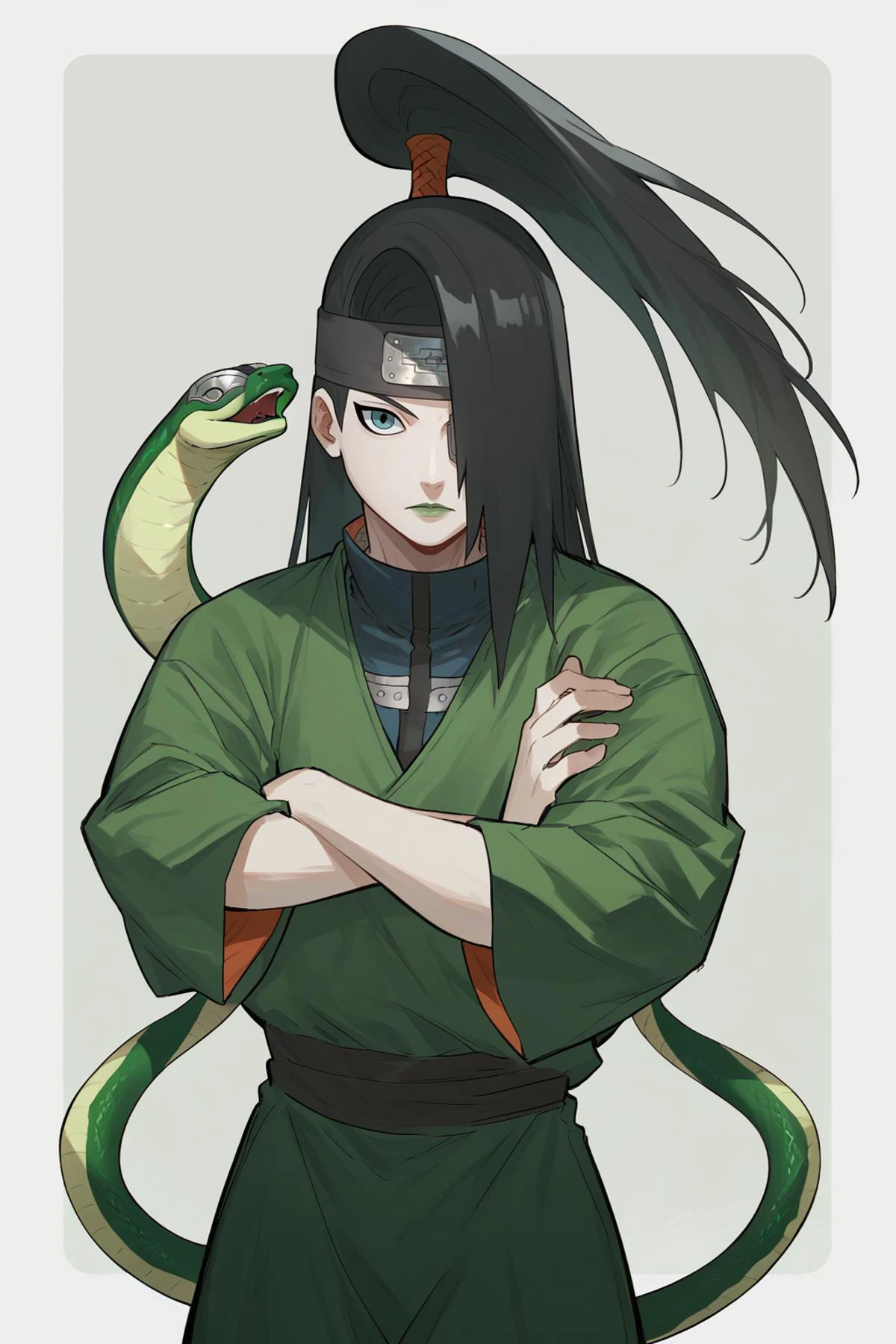 score_9, score_8_up, 1girl, solo, <lora:ChamDeidaraPonyXL:1> Deidara, hair over one eye, long hair, ponytail, black headband, forehead protector, black hair, green dress, green lipstick, looking at the viewer, arms crossed, pale skin, snake