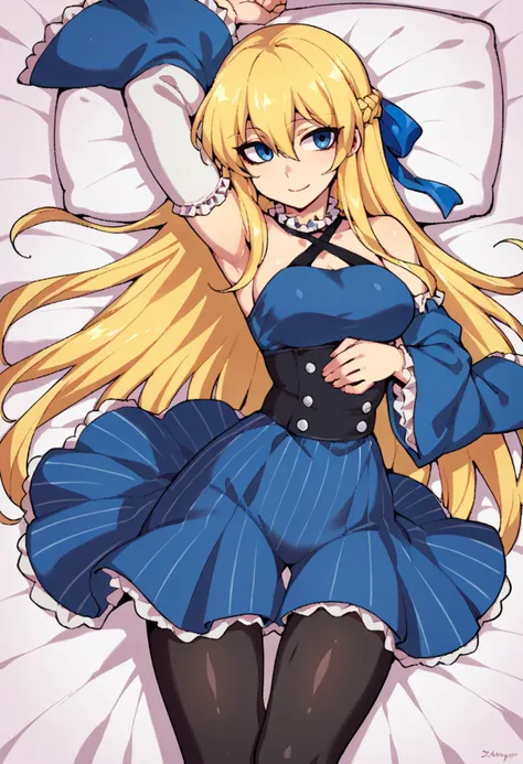 <lora:fishine_v22m:1> halftone, hatching \(texture\), jaggy lines, on bed, lying, from above,, score_9, score_8_up, score_7_up, source_anime,, solo, soft smile, light smile,
katya1, 1girl, blue eyes, very long hair, blonde hair, long blonde hair, french braid, bangs, hair between eyes, medium breasts,, hair ribbon, frilled choker, criss-cross halter, sleeveless dress, high-waist skirt, backless dress, blue dress, waist blue bow, detached sleeves, frilled sleeves, wide sleeves, blue sleeves, black pantyhose, patterned legwear, pinstripe pantyhose, mary janes, layered dress,