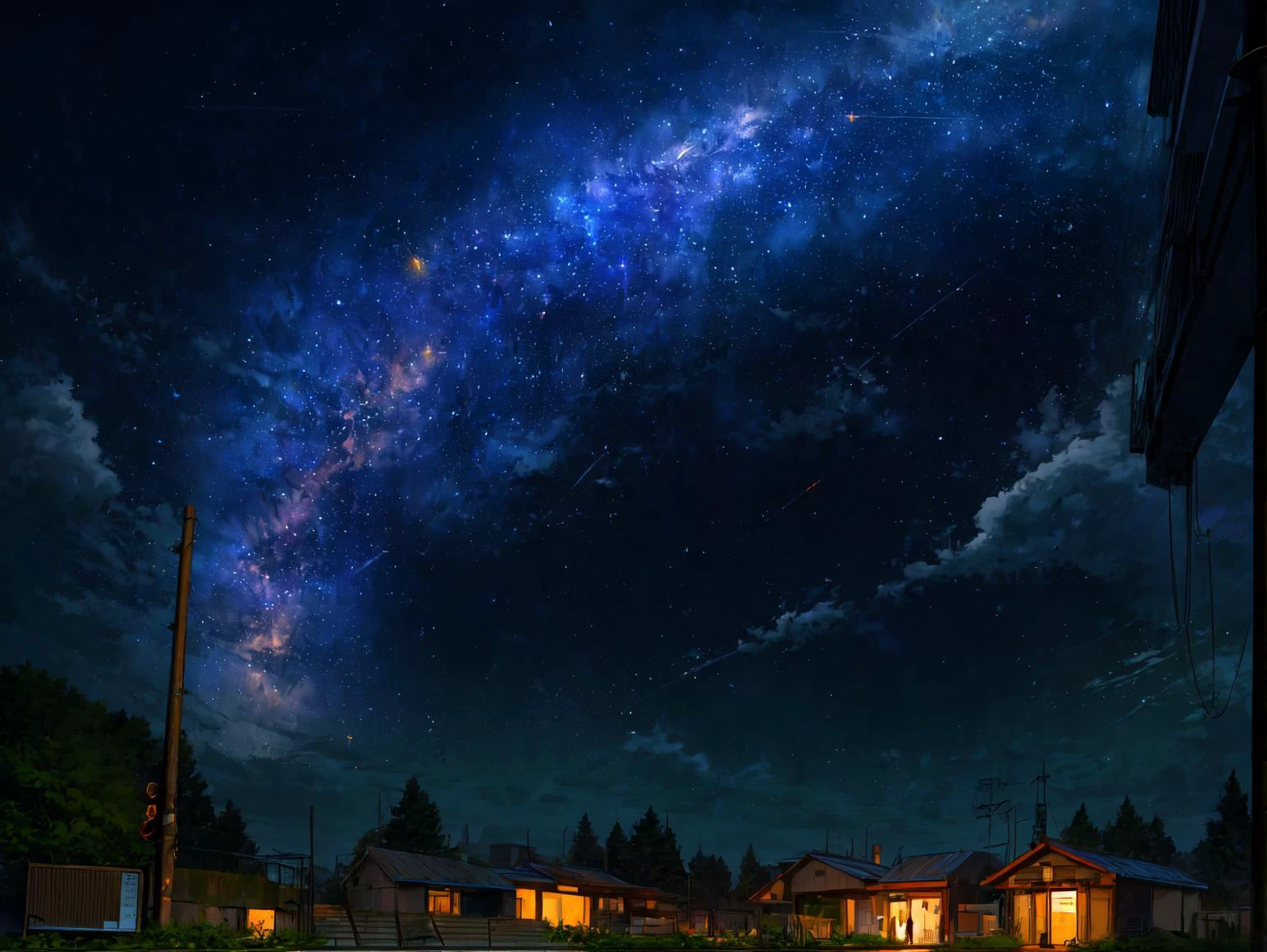 (masterpiece, best quality), 1girl, from back in the background, lost train station under the open sky, a lot of stars, stars falling, bush and greens, big perspective, trains station all in leaves, girl alone starring in the sky, <lora:add_detail:1> , <lora:mocha style:0.7> , <lora:DreamArt:0.1>, <lora:msw_v10:1>,