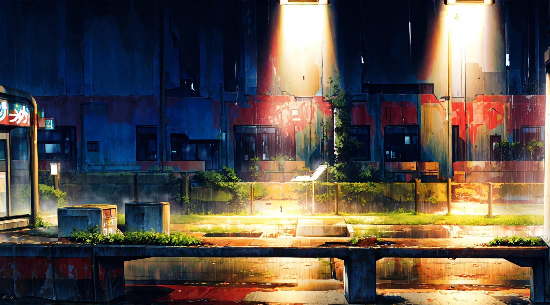 (masterpiece:0.6, best quality),lost subway station in grass under open sky in the night, rain, loneliness, wet, fog, <lora:add_detail:1> ,<lora:msw_v10:0.1> ,<lora:mocha style:1>, (open sky)