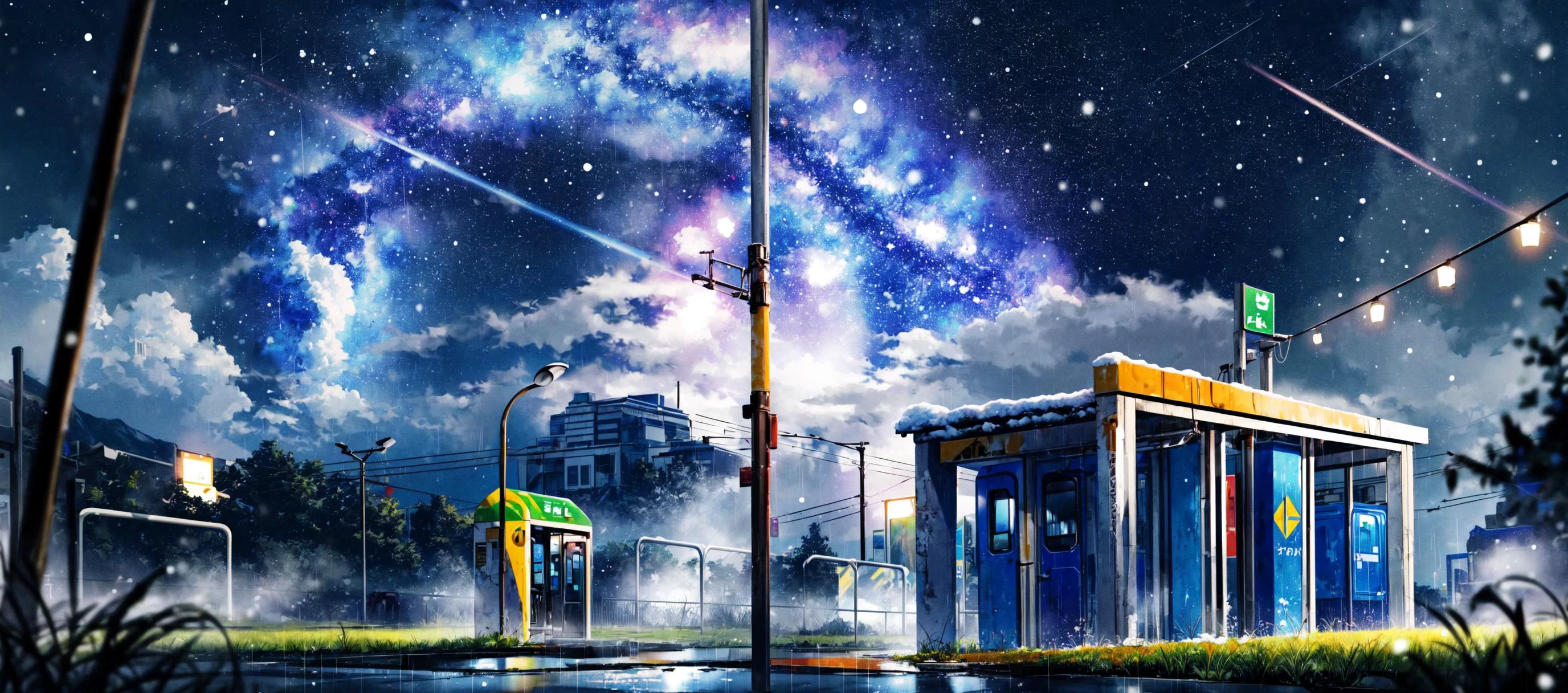 (masterpiece:0.6, best quality),lost subway station in grass under open sky in the night, rain, loneliness, wet, fog, <lora:add_detail:1> ,<lora:msw_v10:0.1> ,<lora:mocha style:0.5>, (open sky), snowing, falling stars,