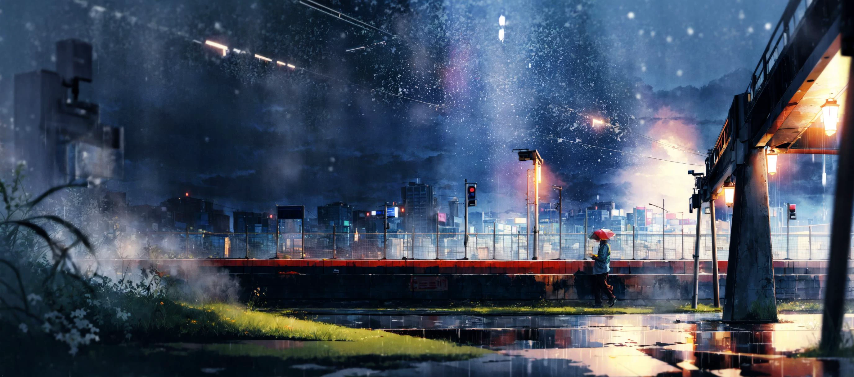 (masterpiece:0.6, best quality),lost subway station in grass under open sky in the night, rain, loneliness, wet, fog, <lora:add_detail:1> ,<lora:msw_v10:0.1> ,<lora:mocha style:0.5>, (open sky), snowing, falling stars,