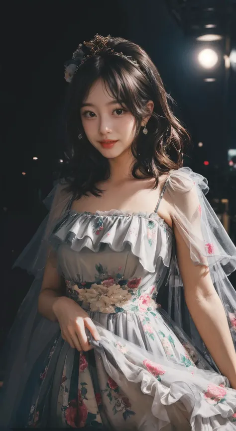 (1 cute Korean star), ((Best quality, 8k, Masterpiece: 1.3)), Focus: 1.2, Perfect Body Beauty: 1.4 , ((Layered short hair: 1.2)), , (night, Street:1.3), Highly detailed face and skin texture, Delicate eyes, Double eyelids, Whitening skin, (Dress: 1.3)