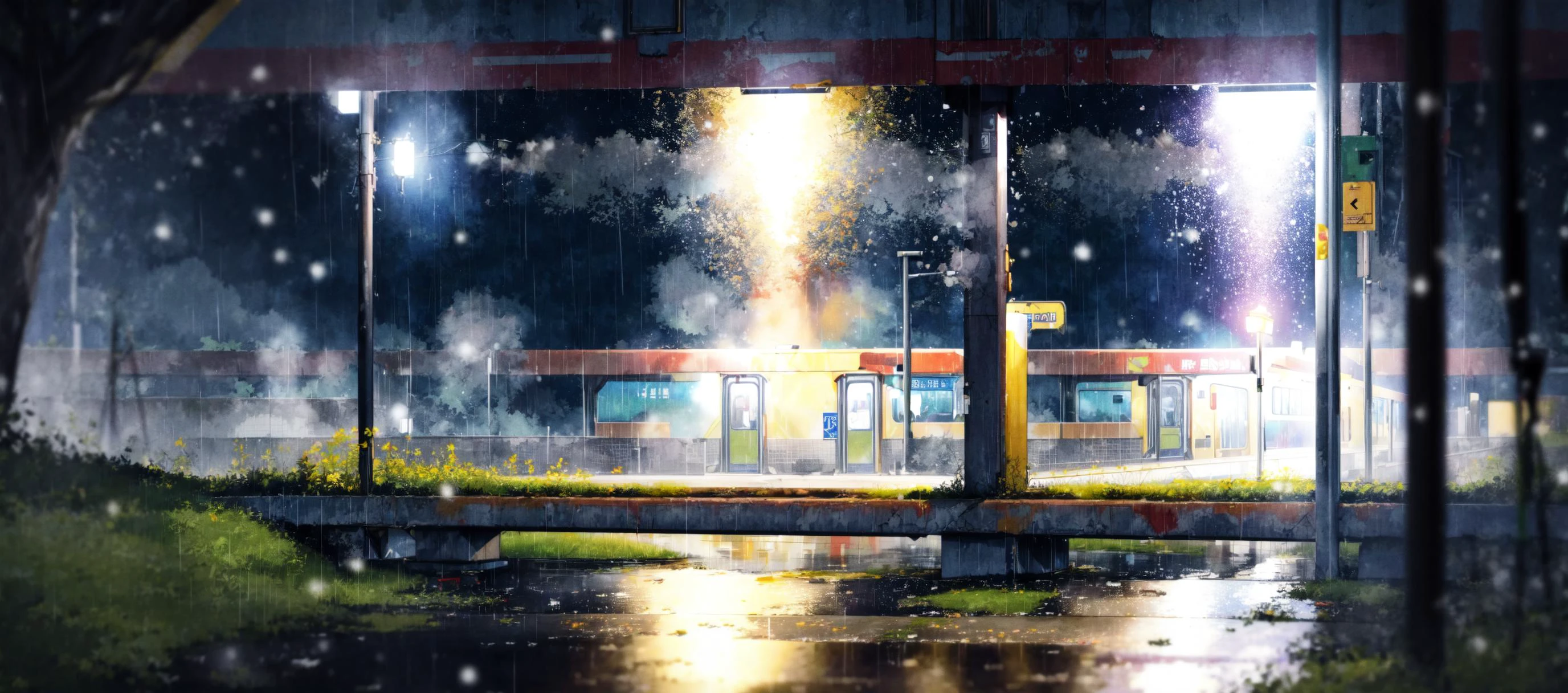 (masterpiece:0.6, best quality),lost subway station in grass under open sky in the night, rain, loneliness, wet, fog, <lora:add_detail:1> ,<lora:msw_v10:0.1> ,<lora:mocha style:0.5>, (open sky), snowing, falling stars,