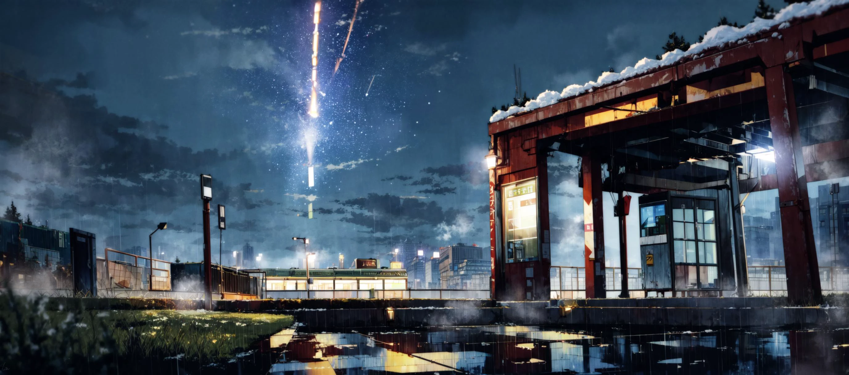 (masterpiece:0.6, best quality),lost subway station in grass under open sky in the night, rain, loneliness, wet, fog, <lora:add_detail:1> ,<lora:msw_v10:0.1> ,<lora:mocha style:0.5>, (open sky), snowing, falling stars,