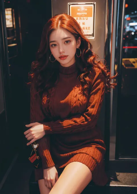 1girl,msw,wariza,autumn, A sweater dress with over-the-knee boots, Lady, Tall, Firm, Square Face, fair skin, Red Hair, Brown Eyes, [[Curved Nose]], Full Lips, Prominent Chin, Long Hair, Curly Hair, Lace Braid, firm breasts, Cuff earrings, orange sheer lipstick,
(effect lighting),
<lora:msw_v10:0.7> <lora:difConsistency_photo:0.55>,