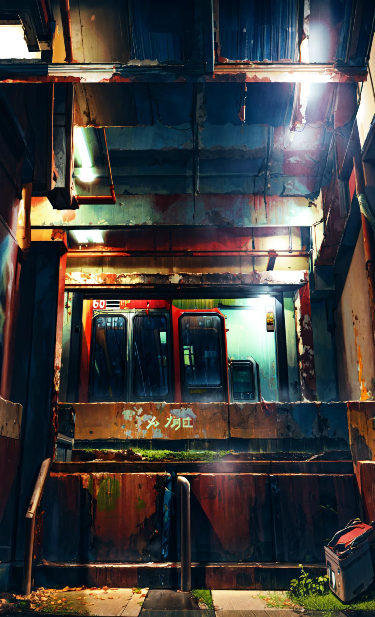 (masterpiece:0.6, best quality),lost subway station in grass under open sky in the night, rain, loneliness, weat, heat, depressive, <lora:add_detail:1> ,<lora:msw_v10:0.7> ,<lora:mocha style:0.8>