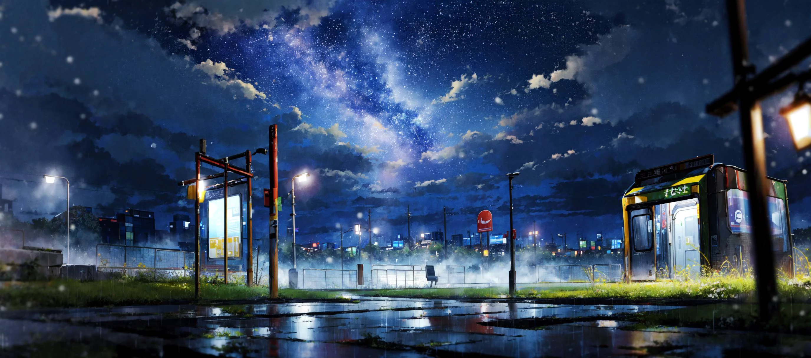 (masterpiece:0.6, best quality),lost subway station in grass under open sky in the night, rain, loneliness, wet, fog, <lora:add_detail:1> ,<lora:msw_v10:0.1> ,<lora:mocha style:0.5>, (open sky), snowing, falling stars,