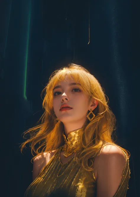 1girl,msw,Create a breathtaking, ultra-detailed illustration, Temptress, Average Height, in shape, Square Face, fair skin, Blonde Hair, gold Eyes, Narrow Nose, Thick Lips, Sharp Chin, Long Hair, Fine Hair, Fringed Bangs, perky breasts, Dangle earrings, peach velvet lipstick, Minimalism, Striking, arms raised above head, Asymmetrical, Proportion, Rain, Aurora,
(effect lighting),intriguing expression,
<lora:msw_v10:1.1> <lora:difConsistency_photo:0.55>,