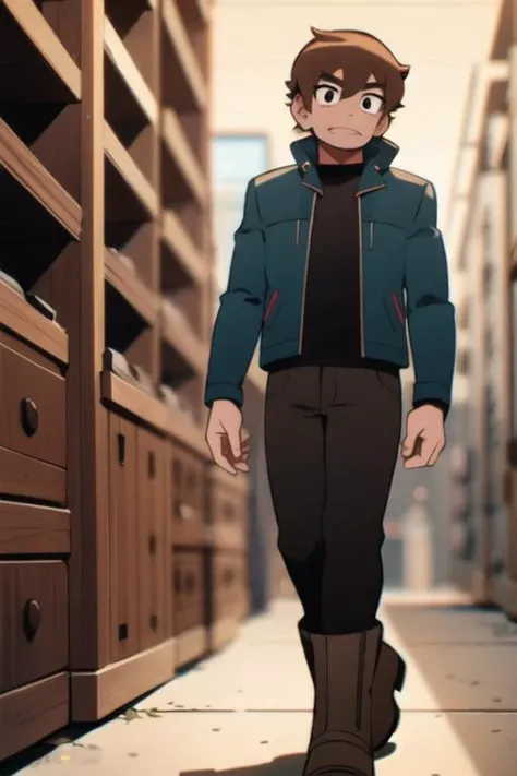<lora:Scott_Pilgrim_Takes_Off_style:1> <lyco:GoodHands-beta2:1.0> scott_pilgrim_style, man wearing blue leather jacket BREAK over a black shirt,BREAK brown hair,BREAK brown eyes, good hands, pants, boots, (stubble:1.5)
