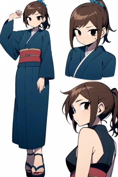 <lora:Ramona_Flowers:0.8> black eyes, BREAK (brown hair:1.5), ponytail, BREAK orange skin, frown, BREAK blue kimono, full body, sandals, blank background, white background <lyco:GoodHands-beta2:1.0>