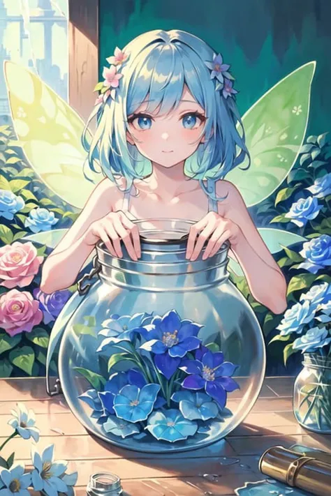 best quality, (masterpiece), Ultra-detailed, (bold line), (highres:1.2), (novel illustration:1.2), (korean webtoon style:1.2), dramatic light, 1girl, (a big glass jar:1.4), (jar full of colored water:1.2), (colors of the flowers flow out to water:1.2), (woven flowers in jar), focus on hands, (1girl in a jar:1.2), colorful hair, flower on hair, perfect face, perfect hair, perfect eyes, fairy, two fairy wings, flower decorations, multiple clothes