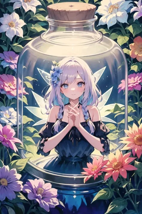 best quality, (masterpiece), Ultra-detailed, (bold line), (highres:1.2), (novel illustration:1.2), (korean webtoon style:1.2), dramatic light, 1girl, (a big glass jar:1.4), (jar full of colored water:1.2), (colors of the flowers flow out to water:1.2), (woven flowers in jar), focus on hands, (1girl in a jar:1.2), colorful hair, flower on hair, perfect face, perfect hair, perfect eyes, fairy, two fairy wings, flower decorations, multiple clothes