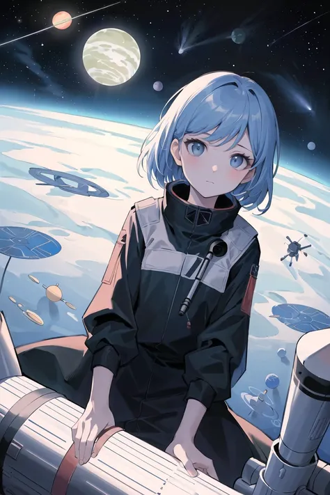 best quality, (masterpiece), Ultra-detailed, (novel illustration:1.2), (korean webtoon style:1.2), (bold line), (highres:1.2), dramatic light, 1girl, observatory, looking at space through long Telescope, space, planets, falling stars, light lines among planets, looking above, beutiful face, cogwheels, telescope, innocent face,