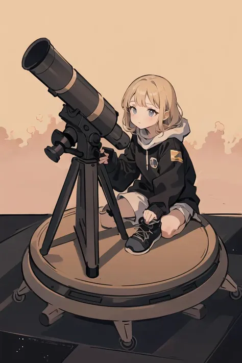 (best quality), (masterpiece), Ultra-detailed, (bold line), (highres:1.2), dramatic light, 1girl , <lora:KimHongDo:0.8>, in observatory, looking at space through long Telescope, space, planets, falling stars, light lines among planets, looking above, cogwheels, telescope, innocent face, messed floor