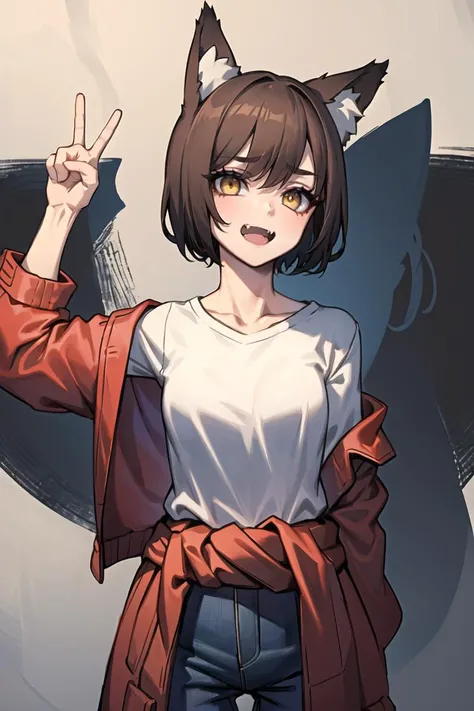 (best quality), (masterpiece), (bold line), (highres:1.2), <lora:fixArtstyleLora_v10:0.8>, 1girl, fox ear, red eye makeup, (stupid face), (innocent face:1.4), (white shirts), (middle hair), (dark_brown_hair:1.2), golden-yellow eyes, smiling, (fang), solo, (short hair), cowboy shot, blue jean, skinny, middle-small breast, {twinkle eye}, [bob cut:0.7], {big round eye}, open mouth, dynmaic pose, outer jacket, a red cloth tied around the waist, dramatic light, in front of graffiti wall, <lora:hanafuda_Hard:0.5>
