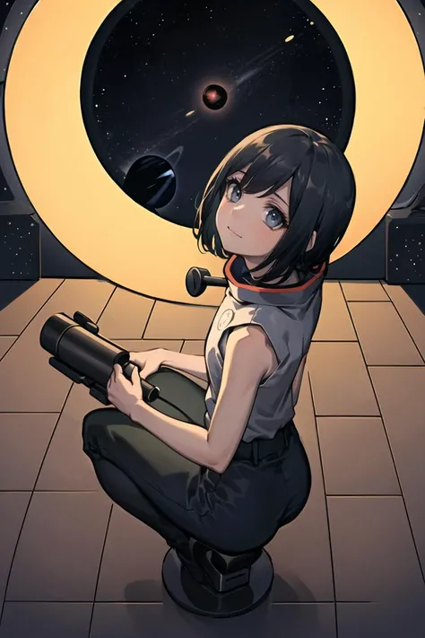 (best quality), (masterpiece), (bold line), (highres:1.2), 1girl, <lora:fixArtstyleLora_v10:1>, in observatory, looking at space through long Telescope, space, planets, falling stars, light lines among planets, looking above, cogwheels, telescope, innocent face, messed floor <lora:hanafuda_Hard:0.5>
