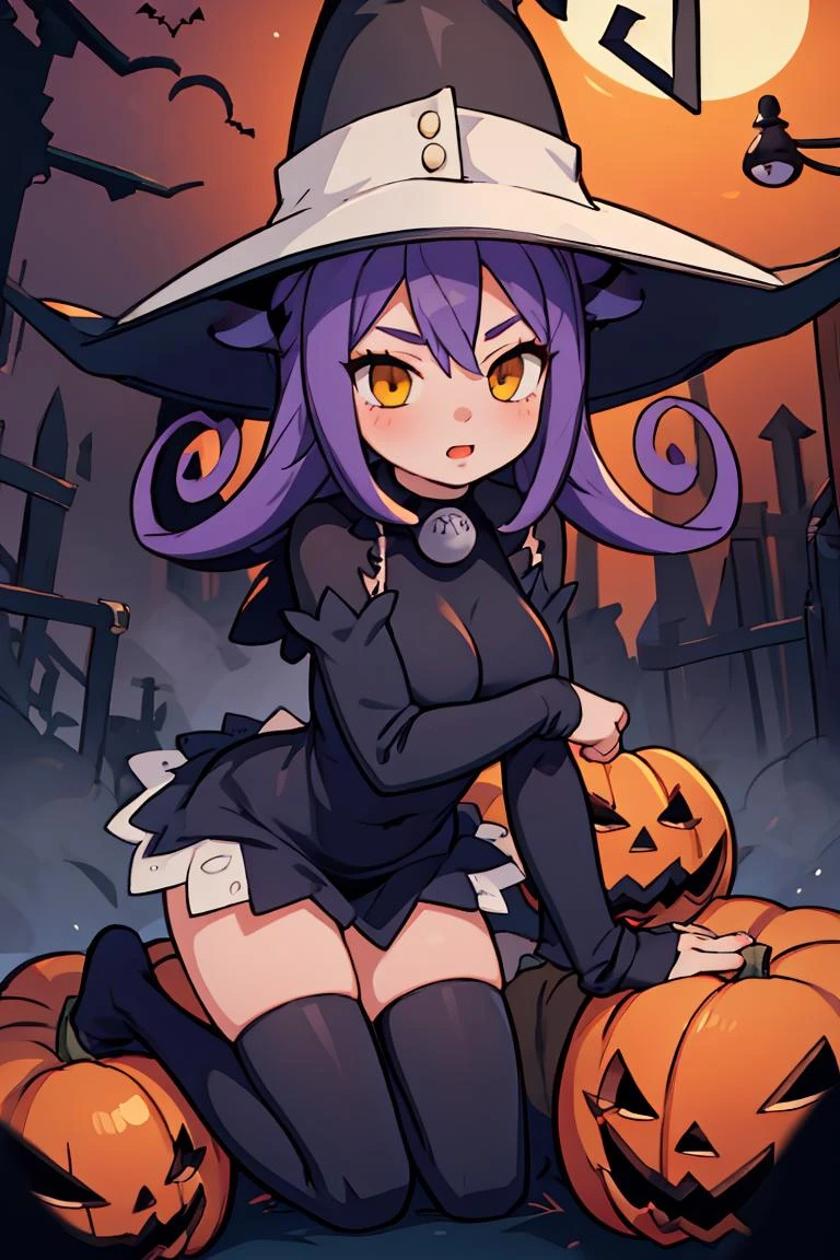 (masterpiece, best quality), 1girl, beautiful face, beautiful body, <lora:blair_soul_eater:1> blair_souleater, witch hat, thighhighs, halloween, animal ears