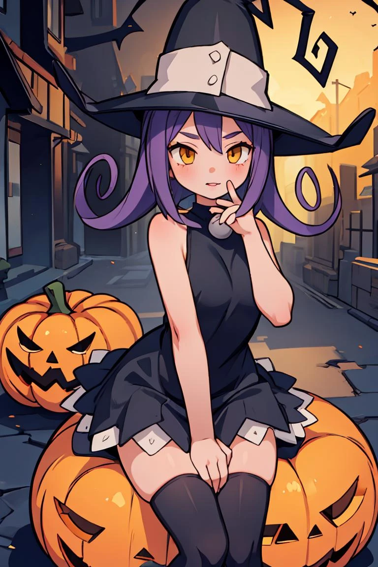 (masterpiece, best quality), 1girl, beautiful face, beautiful body, <lora:blair_soul_eater:1> blair_souleater, witch hat, thighhighs, halloween, animal ears