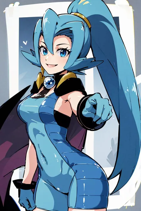 <lora:hoshino_fuuta_style:0.6>,((masterpiece,best quality)), absurdres, <lora:Clair_Pokemon:0.8>, Clair_Pokemon, solo, 1girl,  long hair, blue hair, blue eyes, ponytail, blue bodysuit, black cape, blue gloves,  solo, smiling, looking at viewer, cowboy shot